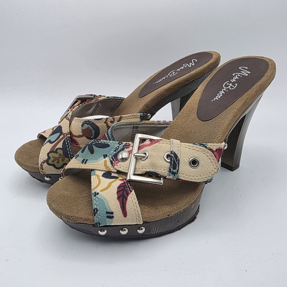 Miss Bisou Y2K Floral Mule Heels Women's 8 Retro Pinup Wood Look Sandals Clogs